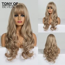 Long Wavy Light Brown Synthetic Wigs With Bangs for Woman African American Natural Daily Hair Wigs Heat Resistant Fiber