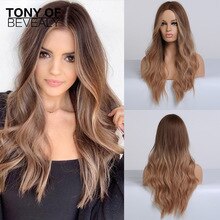 Long Wavy Synthetic Wigs Brown to Blonde Ombre Hair Middle Part  For Women Afo Natural Daily Hair Wigs Heat Resistant Fiber