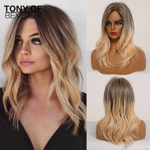 Medium Length Wavy Ombre Blonde Hair Wigs Middle Part Heat Resistant Synthetic Wigs for Afro Women Daily Natural Hair Wigs