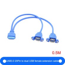 Motherboard Mainboard 20Pin USB3.0 Female to Dual USB 3.0 A Female Data Cable Cord Panel Mount 50cm PC DIY Host Case