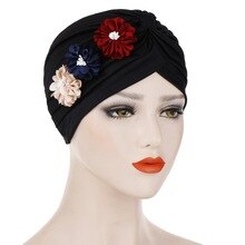 Muslim Women Ruffle Three Flowers Turban Hat Headwrap Cancer Chemo Beanies Hijab Bonnet Cap Headwear Hair Loss Accessories