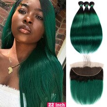 Ombre Bundles With Frontal Beauty Plus Non-Remy Pre Colored 2 Tone Green Human Hair Straight Weaves and Ear To Ear Lace Frontals