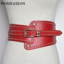 RAINIE SEAN Leather Belts For Ladies Red Wide Belts For Dresses Women Cummerbunds Rivet Red Women's Fashion Corset