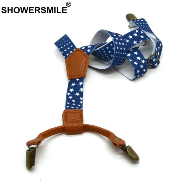 SHOWERSMILE  Bow Tie Suspenders Boys Fashion Kids Suspenders Set Elastic Designer Suspenders 4 Clips Children Stars Print Party