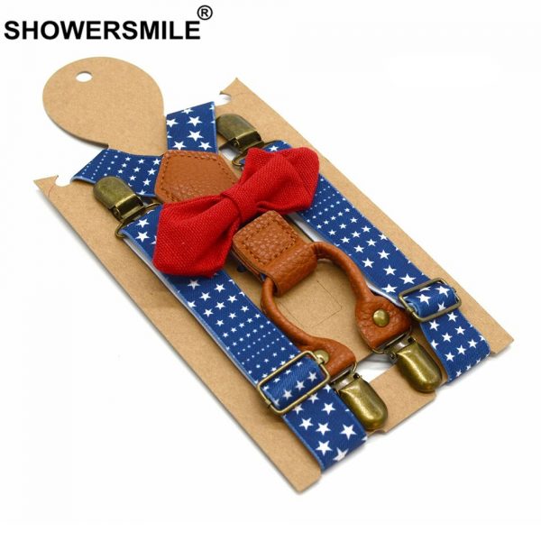 SHOWERSMILE  Bow Tie Suspenders Boys Fashion Kids Suspenders Set Elastic Designer Suspenders 4 Clips Children Stars Print Party