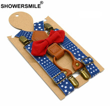 SHOWERSMILE  Bow Tie Suspenders Boys Fashion Kids Suspenders Set Elastic Designer Suspenders 4 Clips Children Stars Print Party