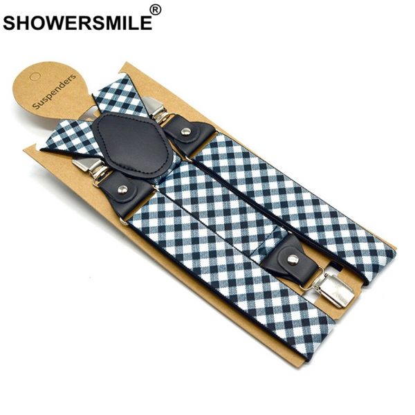 SHOWERSMILE Suspenders Men Black White Checkered Vintage Mens Suspenders Braces Wedding Braces Elastic Suspender Straps 120cm