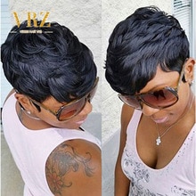 Short Human Hair Wigs Pixie Cut Wavy Short Full Wig With Bangs Perruque Cheveux Humain Cheap Bob Natural Curly Wig for Women VRZ