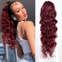 Vigorous Wavy Ponytail Extension for Women Synthetic Long Drawstring Wave Ponytail Clip in Hairpiece Black Fake Hair