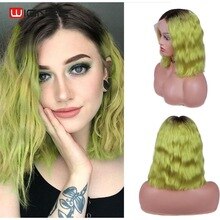 Wignee Natural Wave Lace Front Short Human Hair Wigs For Black Women 150% Density Remy Hair Ombre Green/Pink/613 Swiss Human Wig