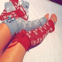 Women Girl Christmas Crochet Knit Long Leg Warmers Reindeer Snowflake Jacquard Over Knee Thigh High Cover Boot Socks with Ribbon