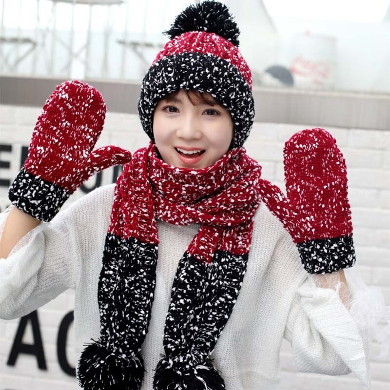 Women's Winter Hat Scarf Gloves ThreePiece Outdoor Brushed and Thick
