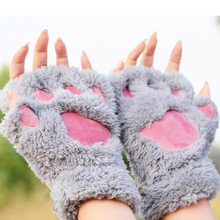 YJSFG HOUSE Fashion Women Gloves Funny Wolf paw Winter Warm Fingerless Gloves Fluffy Bear Cat Plush Paw Claw Half Finger Mitten