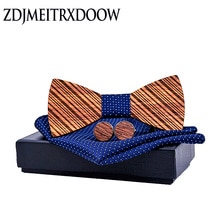 ZDJMEITRXDOOW Wooden Bow Tie Bowknots for Wedding Party Ties Striped Wood Bowtie gifts for men gravata hanky Cufflinks Set