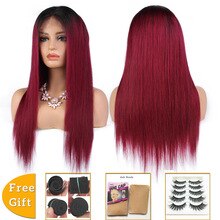 brazilian straight human hair wigs for women 4x4 lace closure wig T1b/99j Burgundy ombre human hair wig non-remy 150% Density